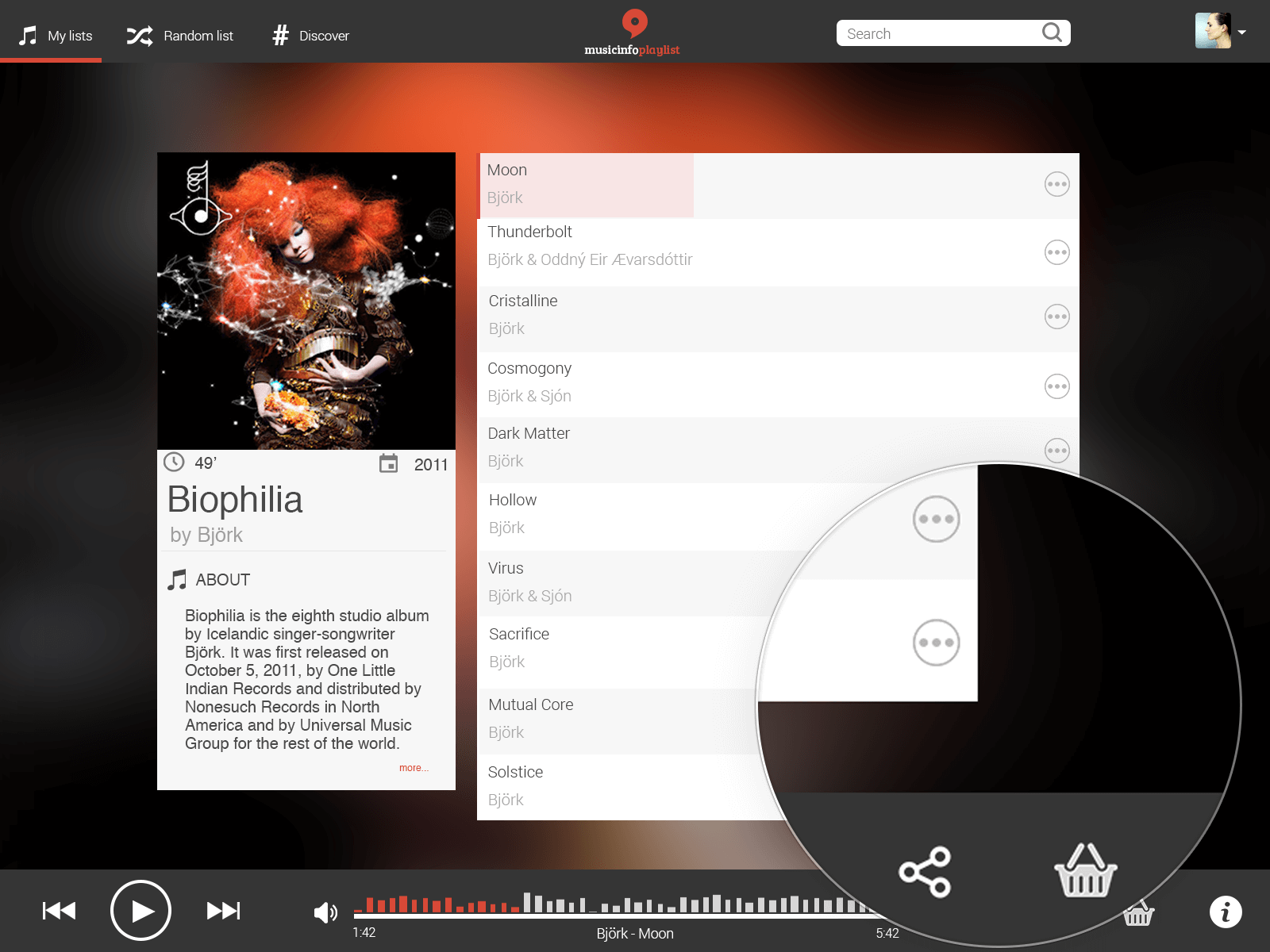 A detail showing the ability to share the song to your networks or simply buy the music