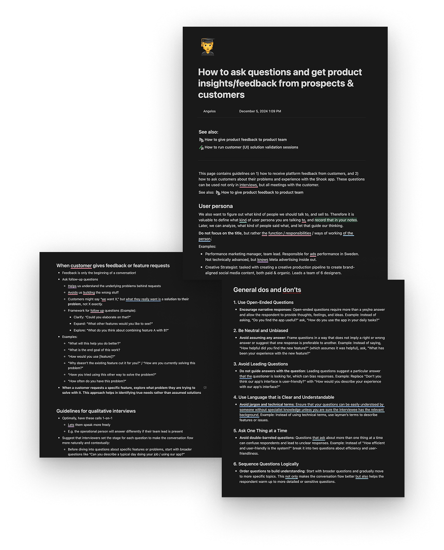 A screenshot showing analytically a guide on how to do research that was shared with the product and customer success teams