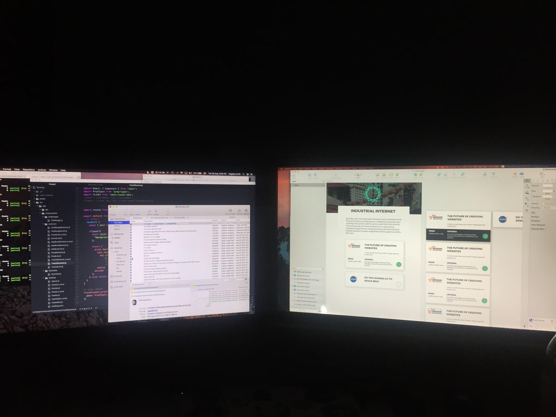 Photo of my dual screens viewing the code and the designs in Figma