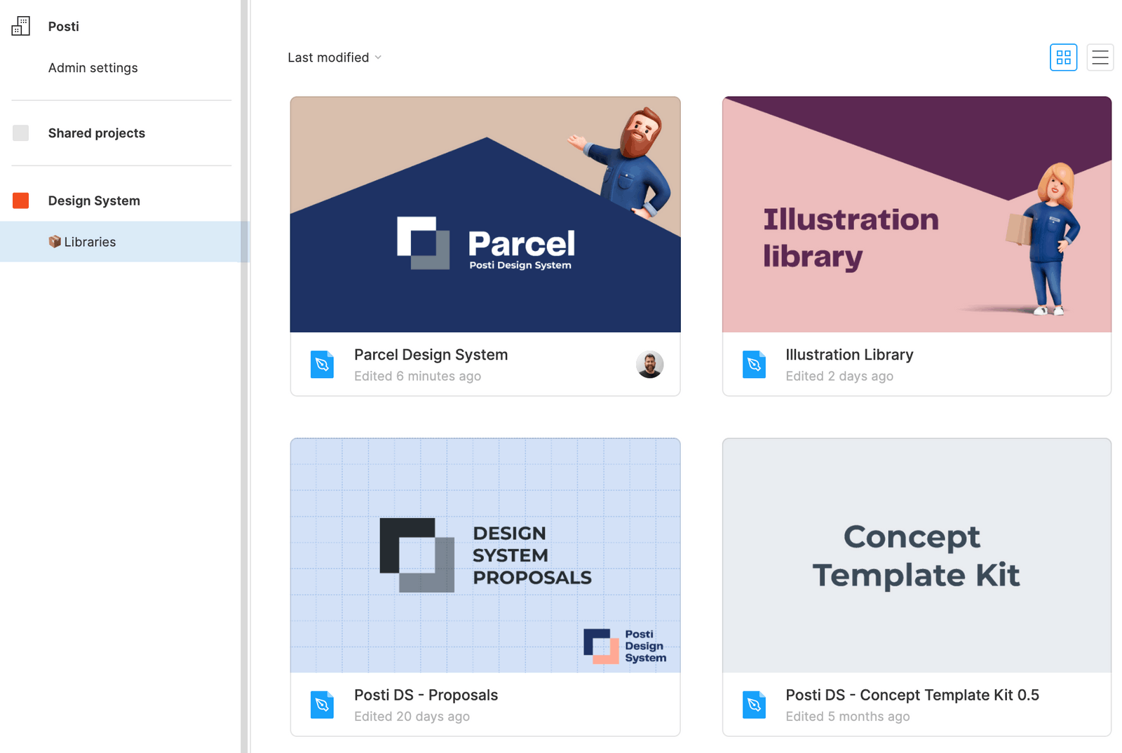 A screenshot showing the different elements of the design system library, the components, illustrations, proposals, and a concept kit for service design